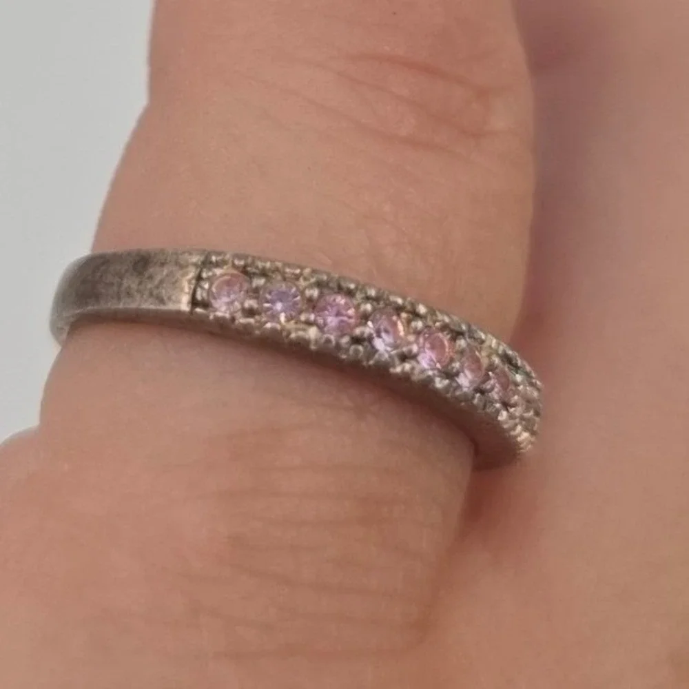Sterling Silver 925 LJ Pink Stone Channel Set Stackable Band Ring Size 7.25